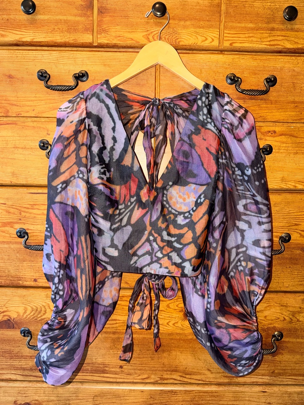 Hutch Multi-Color V-Neck Sheer Long Sleeve Crop Blouse